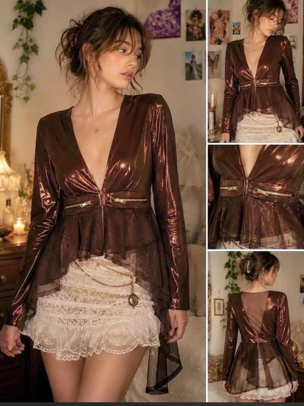Love University Metallic Brown Mesh Peplum Top Size L